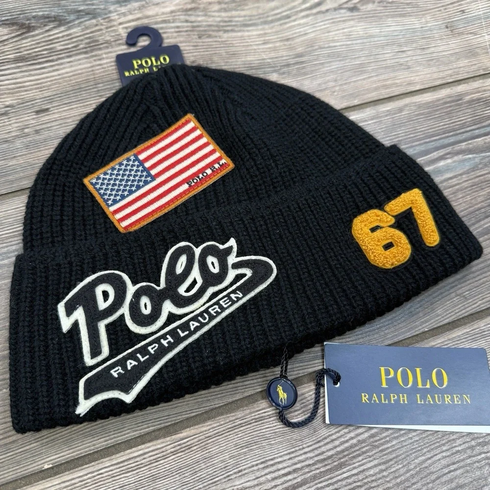 Polo Ralph Lauren Multi Patch Script Logo Black Knit Beanie Hat Black‎ Cap NWT